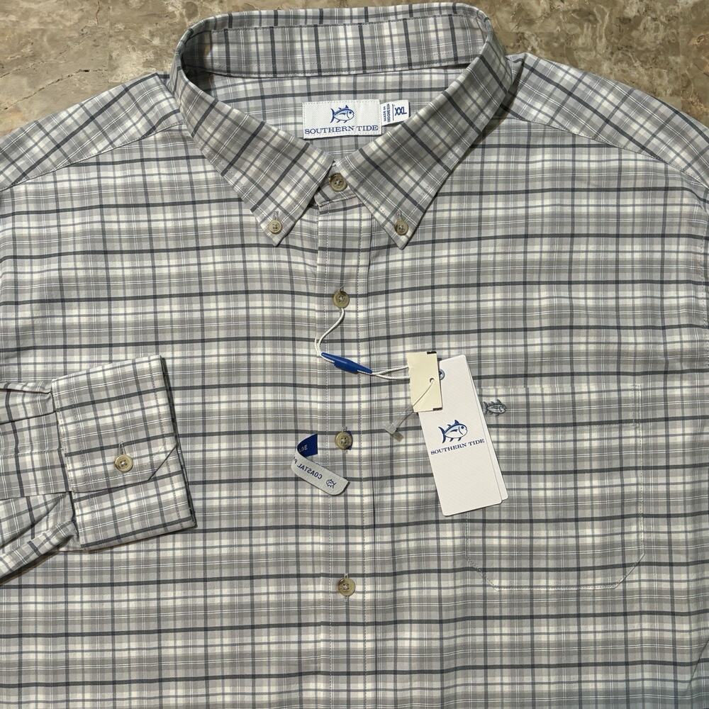 Southern Tide Shirt Mens 2XL Grey Patton Plaid Sportshirt Long Sleeve Stretch